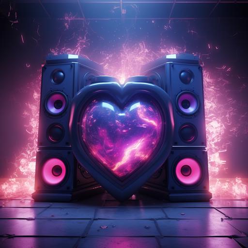 big studio speakers in a dark room lit with purple and blue lighting, illuminated pink neon heart with blue flames in the center of the room, speakers with bright glow, 4K, photorealistic, heartbreak