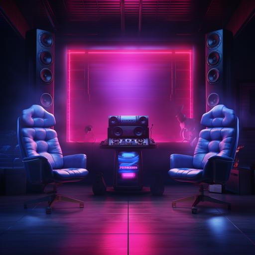 big studio speakers in a dark room lit with purple and blue lighting, neon pink open sign in the center above a heartbreak chair, blue fire coming out of speakers, 4K, phtorealistic