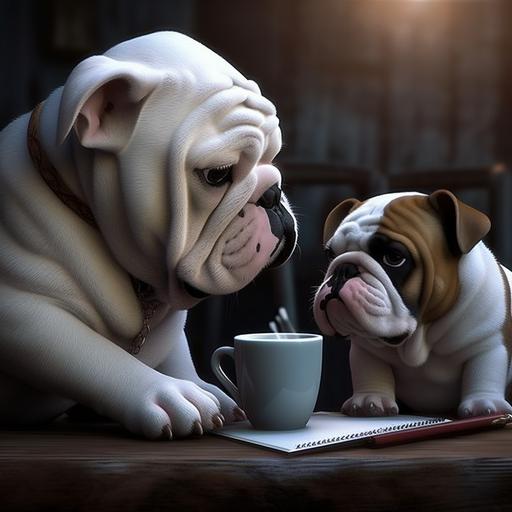 big white bulldog and a small black French bulldog having a chat over a cup of coffee and books