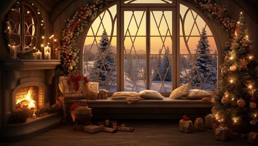 big window, decorated with christmas lights, and decorations, candles, warm atmosphere, warm lights, --ar 160:91