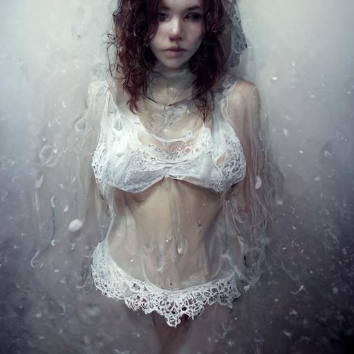 bigboob girl with invisible clothing, white lace pantie, wet, camera photo