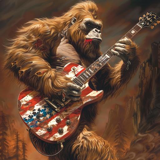bigfoot playing an american flag les paul guitar in the ultra realistic style