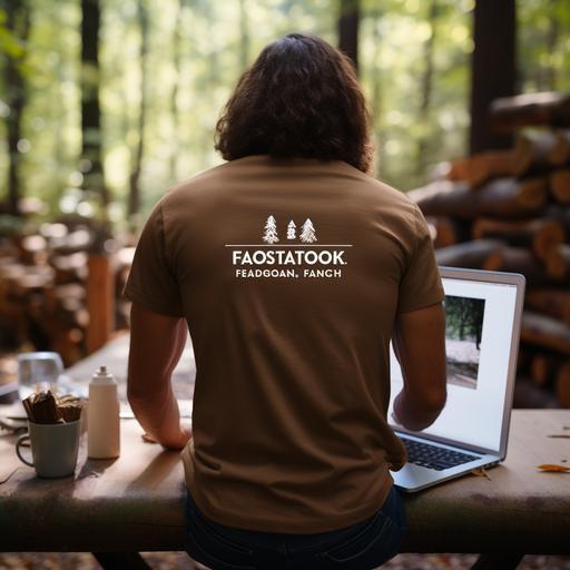 bigfoot woods, in front of one men, laptop, data, magnifying glass back pocket, spotting bigfoot, realistic bigfoot and men, logo on back shirt, short brown hair.
