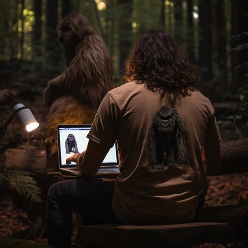 bigfoot woods, in front of one men, laptop, magnifying glass back pocket, spotting bigfoot, realistic, logo on back shirt, brown short mullet hair