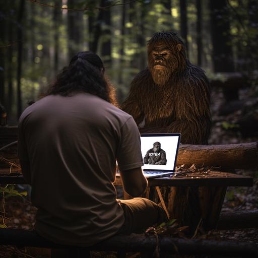 bigfoot woods, in front of one men, laptop, magnifying glass back pocket, spotting bigfoot, realistic, logo on back shirt, brown short mullet hair