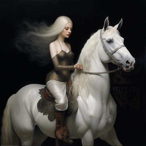 bikin lady dark on a white horse
