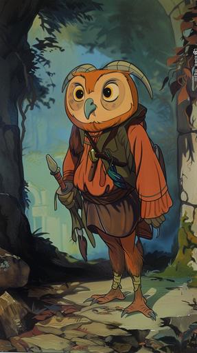 bilbo baggins the horned owl the anthropomorphic cartoon is from middle earth, he is dressed like a human in clothing in a dvd screen grab of Walt Disney Studios, drawn by Walt Disney, animated by Walt Disney Productions, 1940 golden age of animation --ar 9:16 --v 6.0 --no closeup