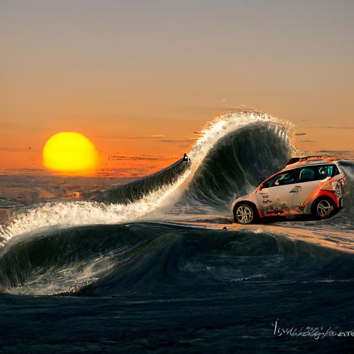 car surfing on a huge wave at sunset realistic