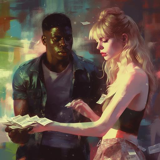 bill sienkiewicz style art. Cinematic shot of a Taylor swift type woman placing a organized STACK of MONEY in 100 dollar bills DIRECTLY in a well dressed Damson Idris type man’s hand. — v 5.1 — s 100