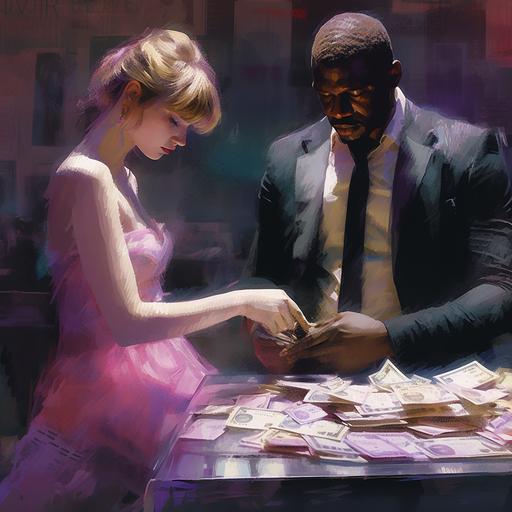 bill sienkiewicz style art. Cinematic shot of a Taylor swift type woman placing a organized STACK of $40,000 in 100 dollar bills in a well dressed Damson Idris type man’s hand. — v 5.1 — AR 16:9 — s 250