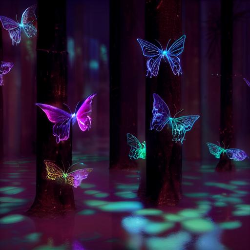 bioluminescent fantasy-core butterflies, Nymphalid cyan, red, and Vantablack wing pattern, 3d, high octane render, unreal engine, sharp detail, ray tracing, volumetric lighting, dramatic wide-screen cinematic rain forest, intricate details, photo-realistic, 1000k front lighting source, Neville Page, f35 --test --creative --seed 40 --chaos 25