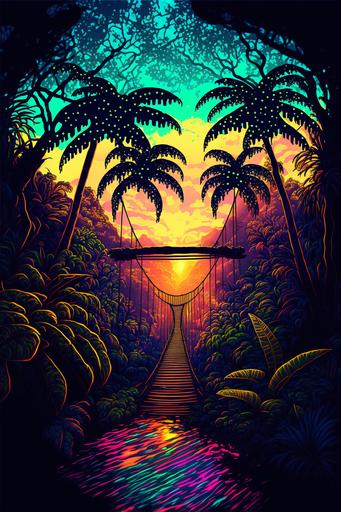 bioluminescent lush jungle rope glam metal bridge, sunset, volumetric lighting, sun rays, trees, large trees, lush exotic plants, pointillism --v 4 --ar 2:3 --s 100 --q 2