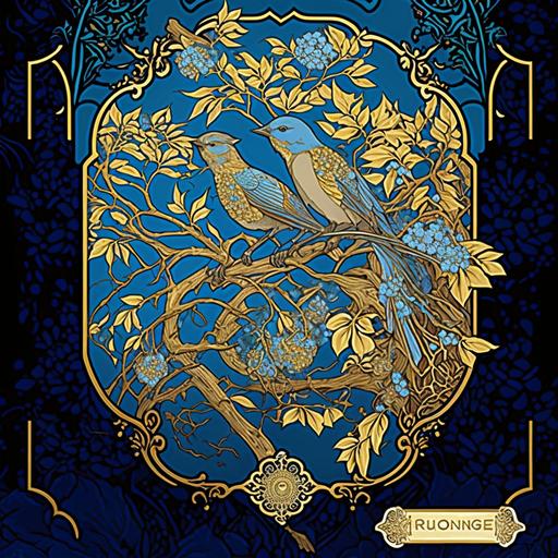 biomagestry stickers, blue and gold, bird and tree, naturecore, organic, ornate, insanely detailed, alphonse mucha --no hand fingers words letters labels watermarks --v 4