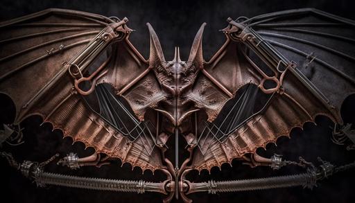 biomechanical Horseshoe Bat wings spread it uses rusty springs and cool pullies and rubber belts and think shiny wires, very high detail, very sharp detail, Nikon D850 Cibachrome photograph, cinematic halation, chiaroscuro, tenebrism, orton effect --ar 16:9 --s 750 --q 2 --c 100