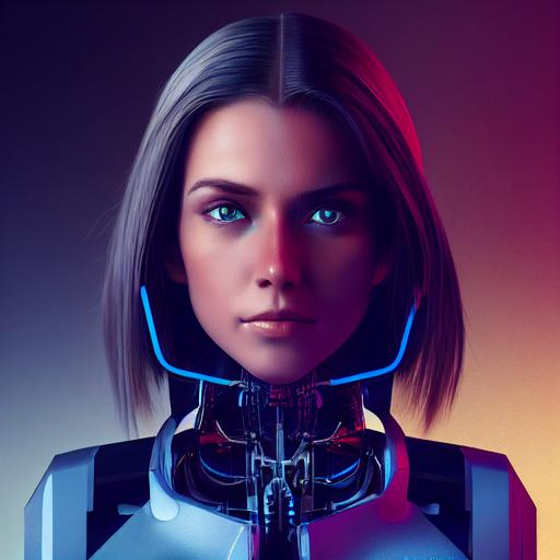 bionic woman, brown hair, blue eyes, cybernetic tech on face, mechanical, portrait, octane render, ultra detailed, lutos RGB lighting --test --creative