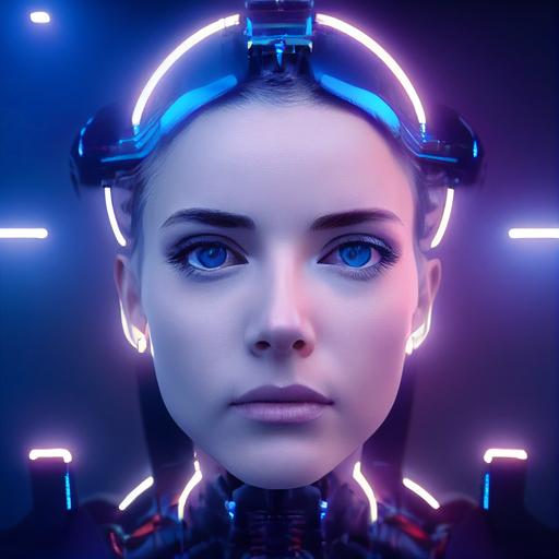 bionic woman, brown hair, blue eyes, cybernetic tech on face, mechanical, portrait, octane render, ultra detailed, lutos RGB lighting --test --creative