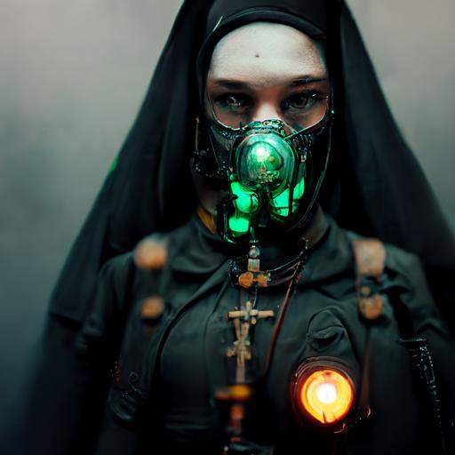 biopunk female Eastern Orthodox priest, leather, skin tight suite, gas mask, cybergoth, syringe gun with green glowing lights, dynamic pose, hyper realistic, photorealistic , 8k, octane render