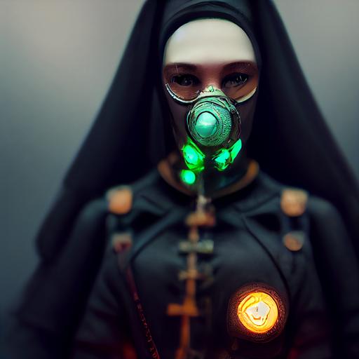 biopunk female Eastern Orthodox priest, leather, skin tight suite, gas mask, cybergoth, syringe gun with green glowing lights, dynamic pose, hyper realistic, photorealistic , 8k, octane render --upbeta