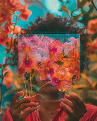 bipoc person holds a translucent picture of flowers in front of face, in the style of bold colors, dynamic lines, bold colors, made of wire, serene face, gold doodle overlay of dendrobiums --ar 4:5 --v 6.0