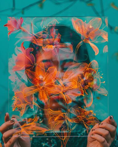bipoc person holds a translucent picture of flowers in front of face, in the style of bold colors, dynamic lines, bold colors, made of wire, serene face, gold doodle overlay of dendrobiums --ar 4:5 --v 6.0