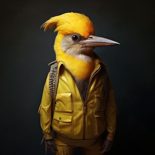 bird wearing banana suit, realistic