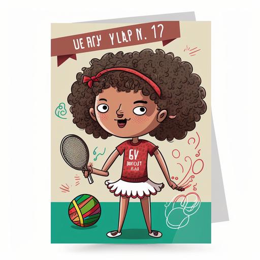 happy birthday card for mexican 7 years old girl with very short curly hair she likes cooking, playing volleyball and badminton