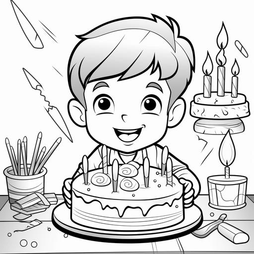 birthday coloring book pages for kids, write happy birtday, cartoon style, thick lines, low detail, black and white, no shading ar 85:110