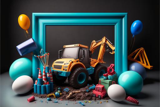 birthday photo frame surrounded by Car Toys For such as Crawler, Crane, Excavator, Dump Truck, Forklift, Tractor, birthday balloons, 3d, artstation, ultra realistic, --ar 3:2 --v 4