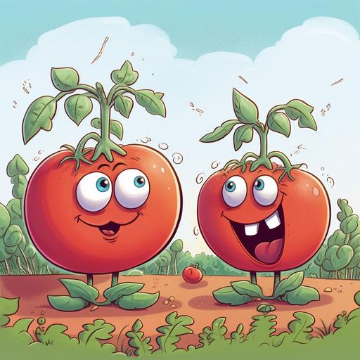 Tomato plants in the garden being excited about having the biggest tomatoes around; cartoon style