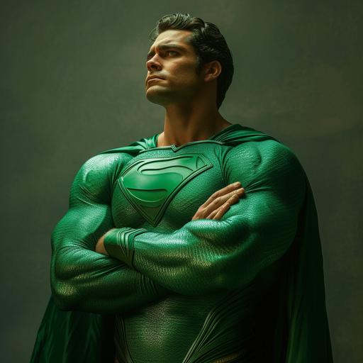there is a place for logo on his cheast, no mask at face, not smiling, studio no background photo of an superhero standing, arm crossed, green costume suit, strong --v 6.0 --s 750