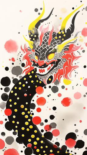 black , red, yellow gouache polka dots make up a portrait of a dragon, Chinese characteristics of the dragon, gray ink line body, black scales, bordered by polka dots grass, ink gouache style, rice paper, wet painting, There is a lot of white space in the picture, Ruan Jia, Qi Baishi, ink painting, vividly bold designs --ar 9:16 --niji 5