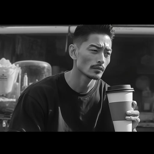 black & white realistic photo, an asian man facing to right hand side, furrowing his brows and talking, wearing a dark t-shirt and holding a coffee cup --s 750 --niji 6