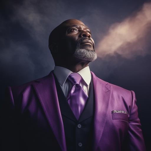 black 60 year old man, bald, trimmed beard, wearing a purple suit, looking up