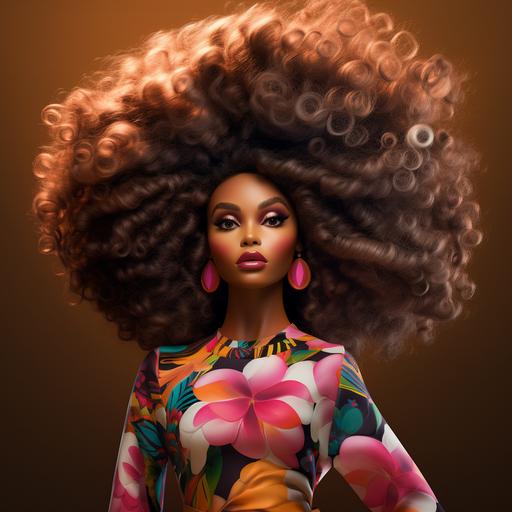 black Barbie art, UHD, cartoonish, has an Afro,