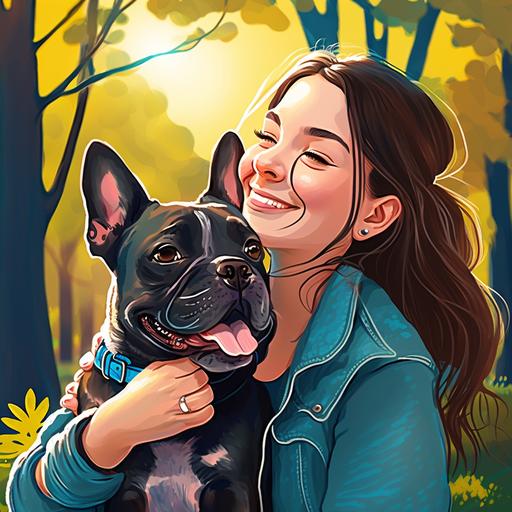 black French bulldog, tongue sticking out. He is sitting in the arms of a girl with brown hair. The girl is wearing a blue jacket. the girl smiles and hugs the dog. They are in a park, surrounded by green trees. Blue sky, the sun is shining