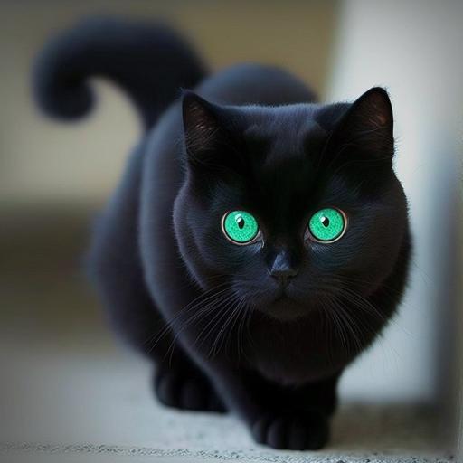 black Munchkin cat with green eyes