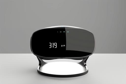 black VR headset, slim profile. on a stand damn you, Digital display says 