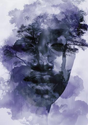 black Woman’s face, finish of africa's mangrove decoupage in face, lavender and cyan, clouds and foggy, double exposure --ar 5:7
