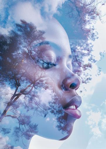 black Woman’s face, finish of africa's mangrove decoupage in face, lavender and cyan, clouds and foggy, double exposure --ar 5:7