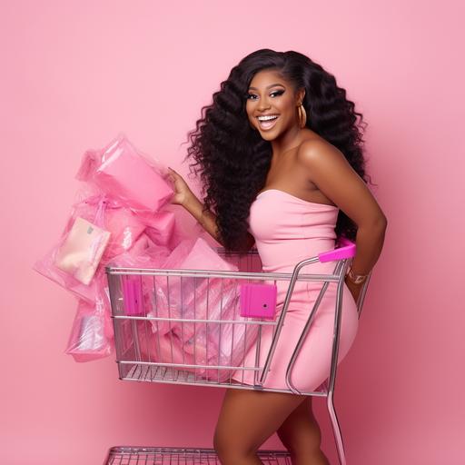 black african american woman with wavy brazilian hair smiling pushing a pink cart with long brazilian hair bundles hanging from pink shopping cart and shopping bags at the bottom of pink shopping bag with brazilian hair hanging out og shopping bags just like photo reference with pink background