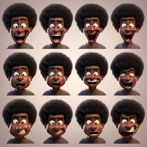 black afro man, pixar styled 3d characters, 10 different mouth expression design sheet, black dark afro man lips, with expressions like, Aa D Ee F L M Oh R S Um Woo, pixar emoji 3d style