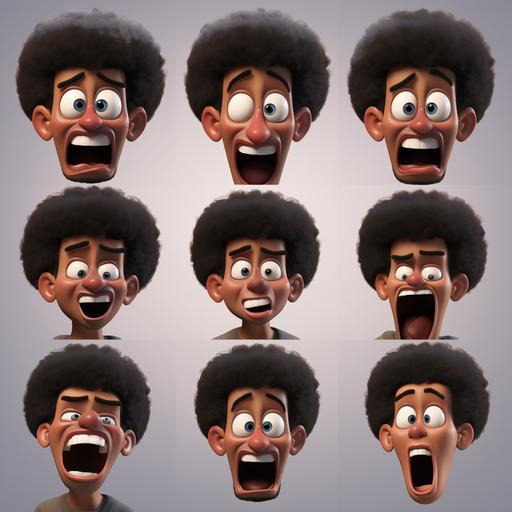 black afro man, pixar styled 3d characters, 10 different mouth expression design sheet, black dark afro man lips, with expressions like, Aa D Ee F L M Oh R S Um Woo, pixar emoji 3d style