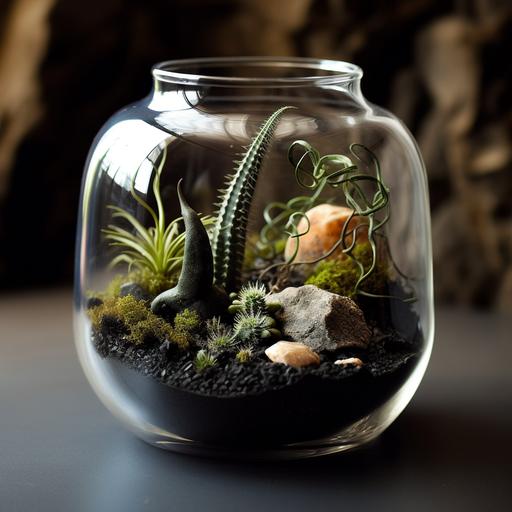 black alien arid landscape in terrarium jar, black rocks, air plants, pods
