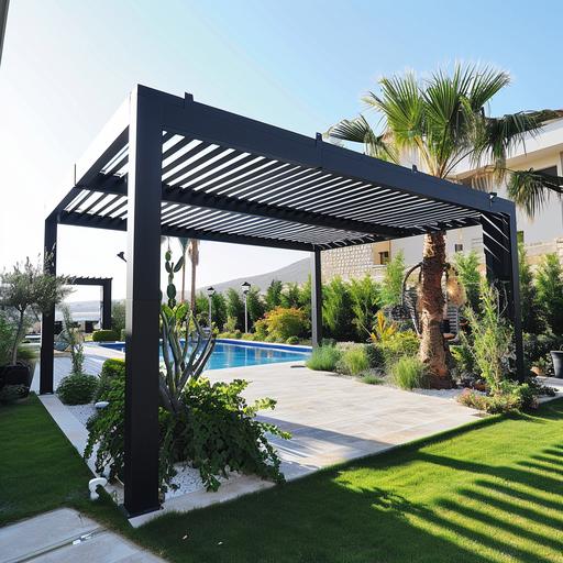 black aluminium pergola in a green cut grass garden, some plants and a palm tree, a pool in the background --ar 1:1 --style raw --v 6.0