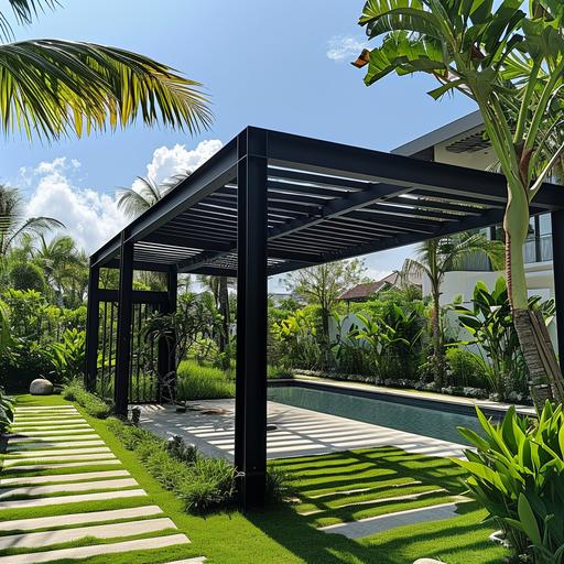 black aluminium pergola in a green cut grass garden, some plants and a palm tree, a pool in the background --ar 1:1 --style raw --v 6.0
