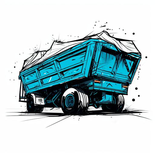black and Vivid-Cyan hand drawn doodle logo design of the trailer dump car on solid white isolated background,bright colors, in the style of bernard buffet, thin brush line, 2d,insanely detailed --v 5.2 --s 50