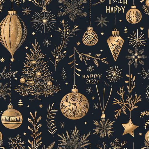 black and golden seamless pattern with New Year festive icons and decorations, with text 