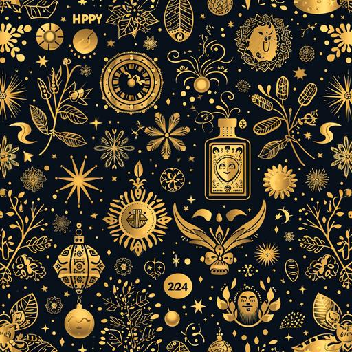 black and golden seamless pattern with New Year festive icons and decorations, with text 
