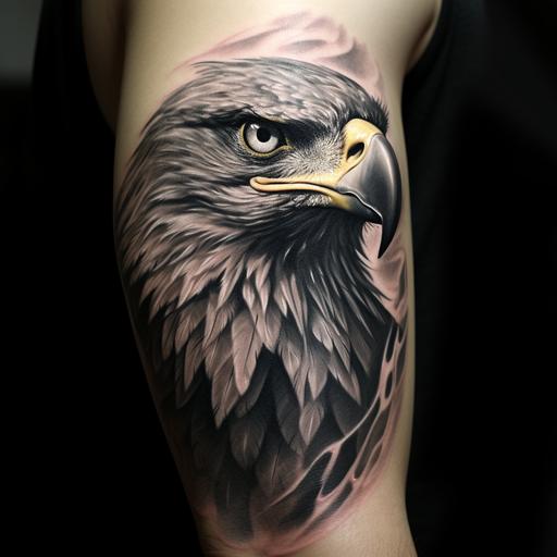 black and grey eagle tattoo on upper outside of arm with wing