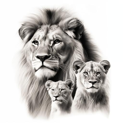 black and grey illustrated picture, lion family, head shot side view white background, 8k 3-D